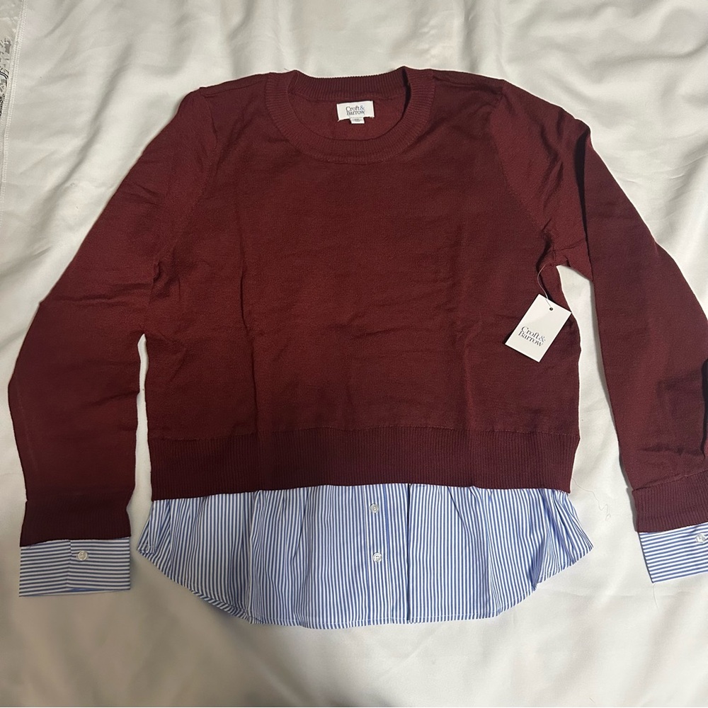 Croft & Barrow Burgundy Sweater with Blue Striped Hem